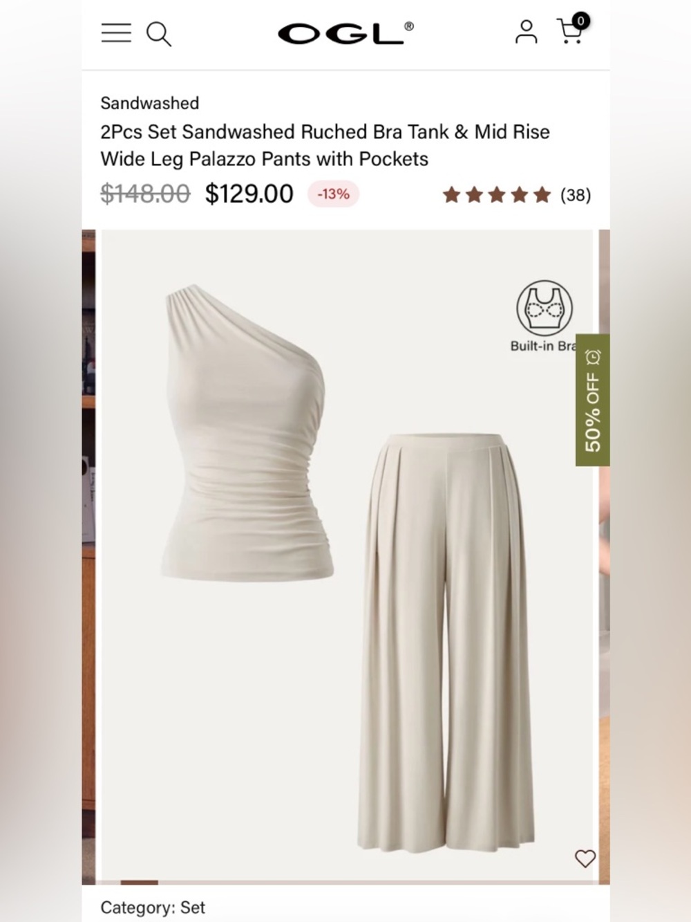 OGL One-Shoulder Ruched Tank & Wide-Leg Palazzo Set - Cream